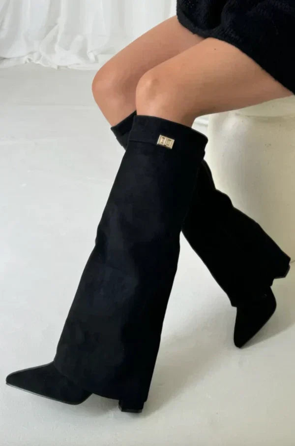 Bottes hautes femme à bout pointu et talon compensé caché