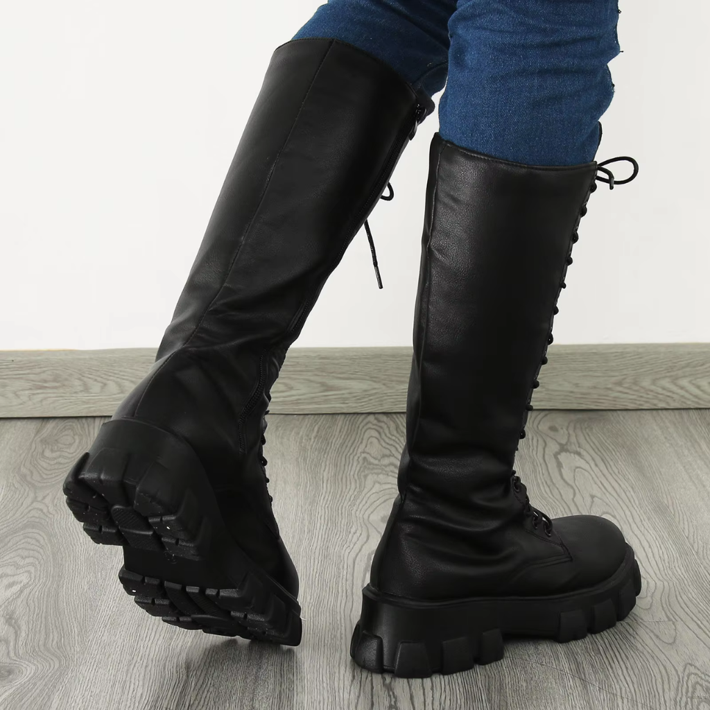 Bottes hautes femme à zip et lacets, semelle antidérapante