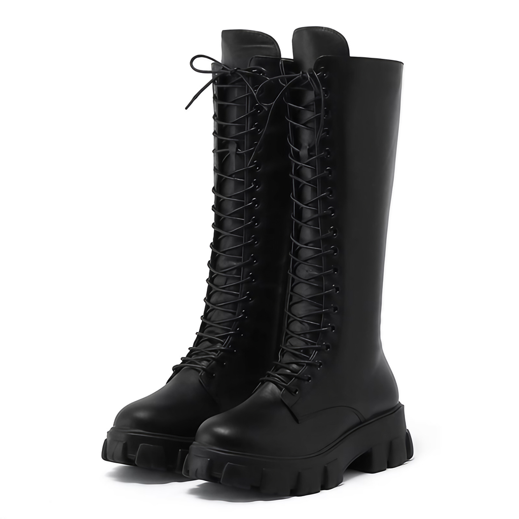 Bottes hautes femme à zip et lacets, semelle antidérapante, noir