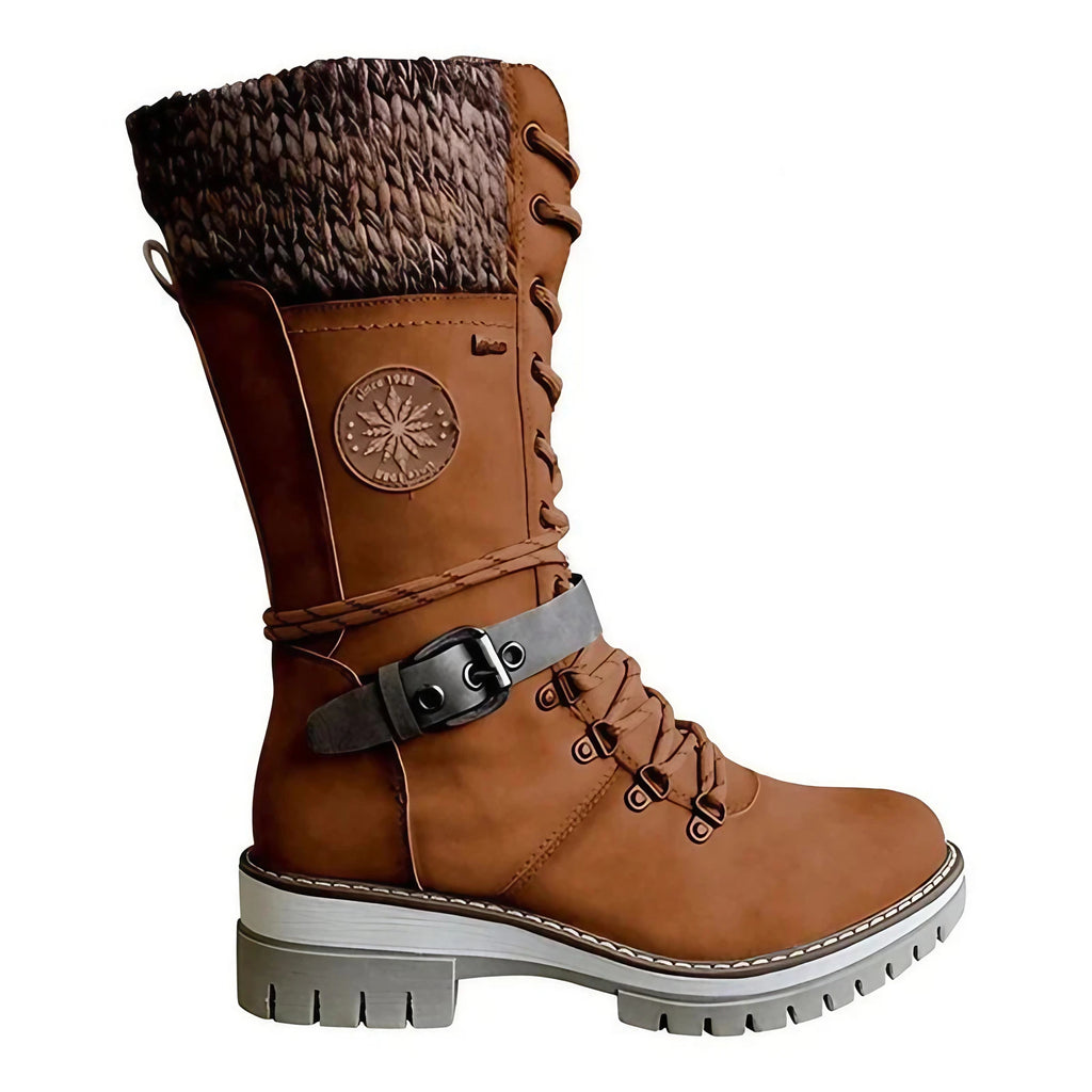 Bottes hautes femme d'hiver à fermeture éclair et lacets, marron