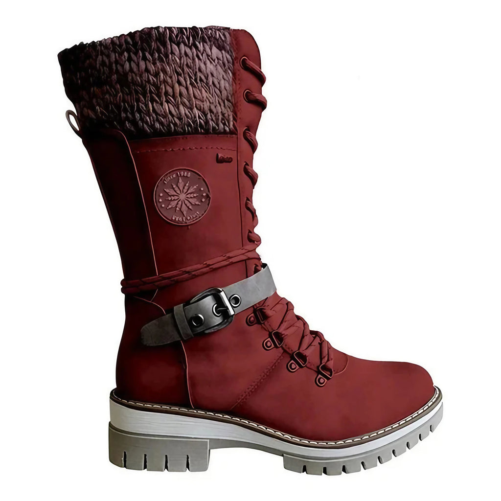 Bottes hautes femme d'hiver à fermeture éclair et lacets, rouge