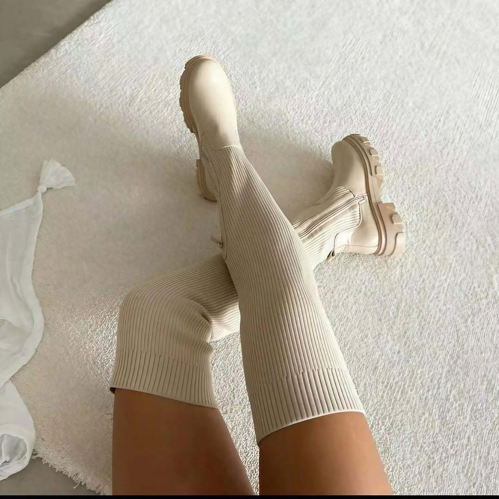 Bottes hautes femme à talon épais et plateforme, beige ou noir, beige