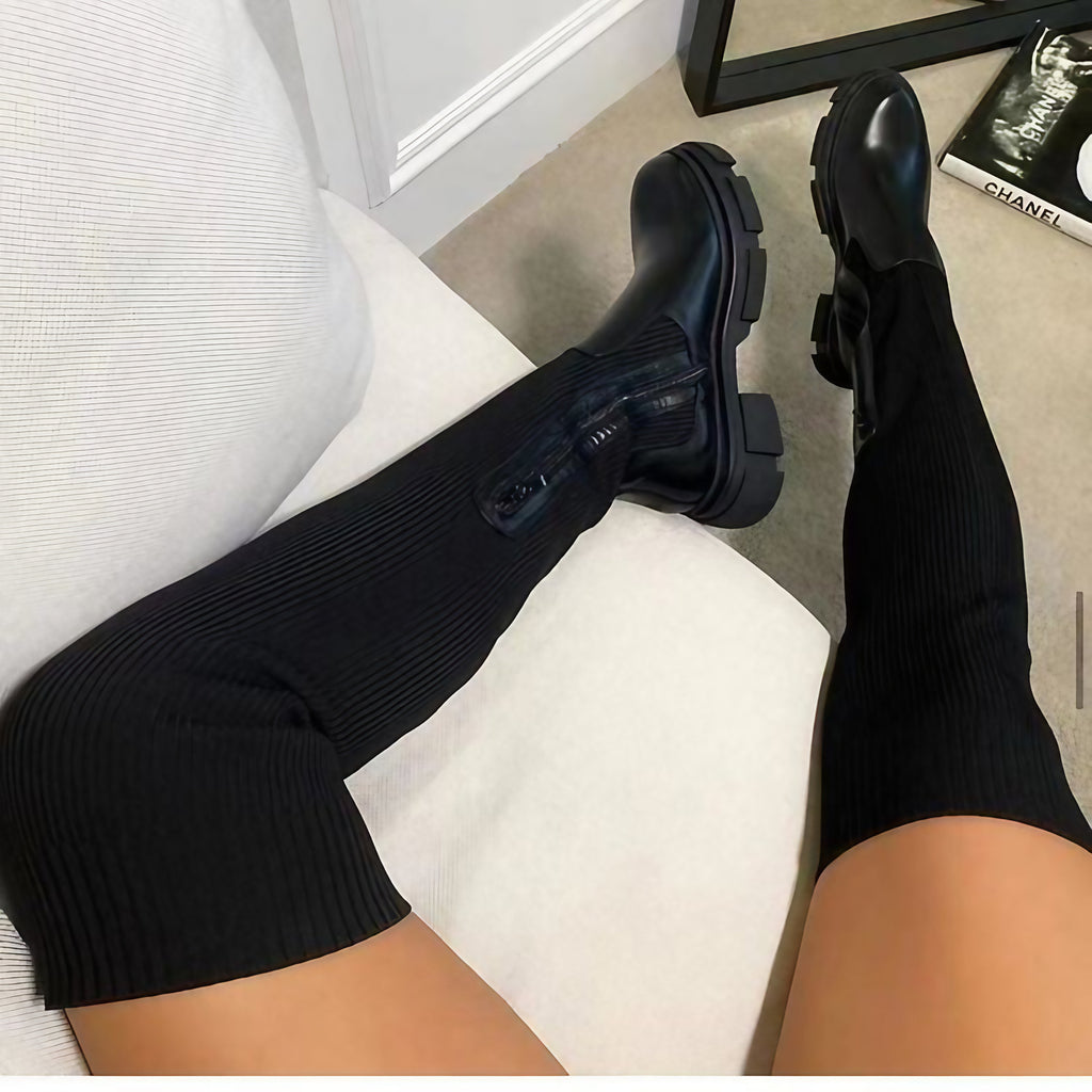 Bottes hautes femme à talon épais et plateforme, beige ou noir, noir