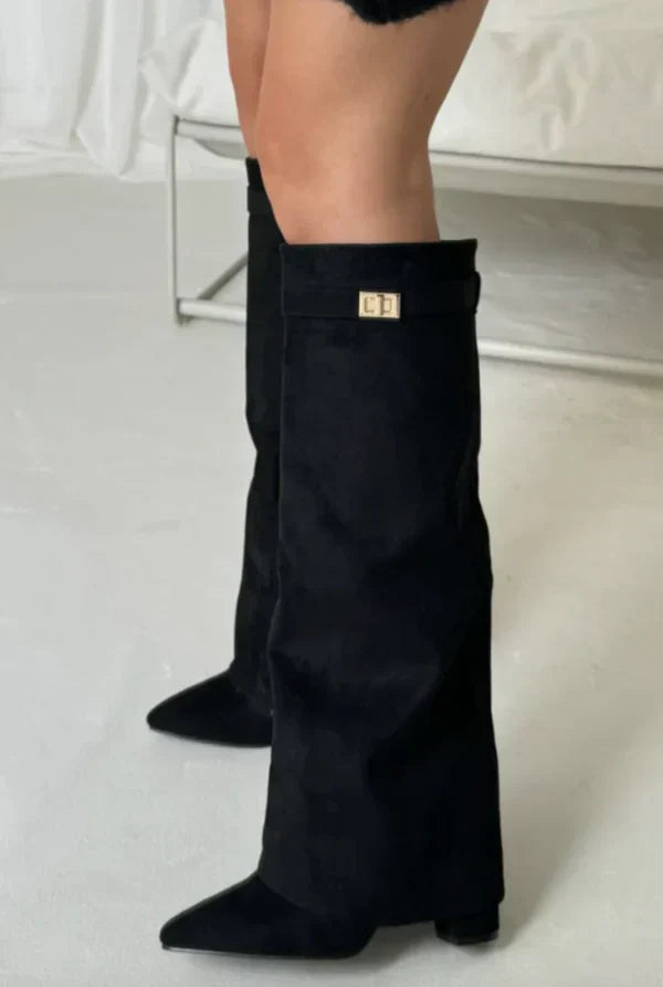 Bottes hautes femme à talon compensé caché et boucle dorée