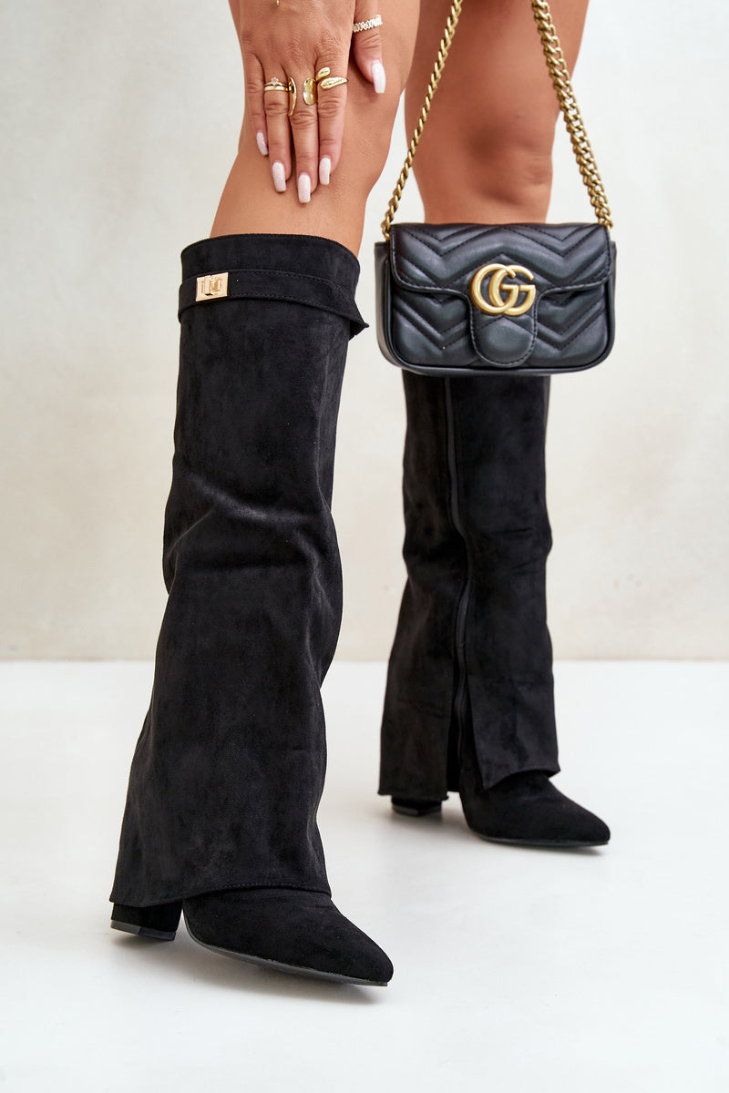 Bottes hautes femme bout pointu, petit talon carré