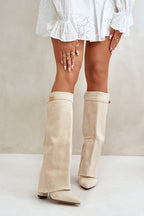Bottes hautes femme bout pointu, petit talon carré, beige