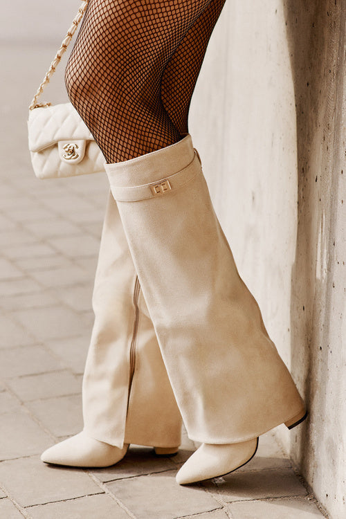 Bottes hautes femme bout pointu, petit talon carré