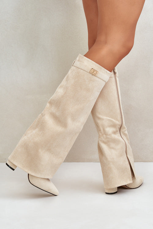 Bottes hautes femme bout pointu, petit talon carré