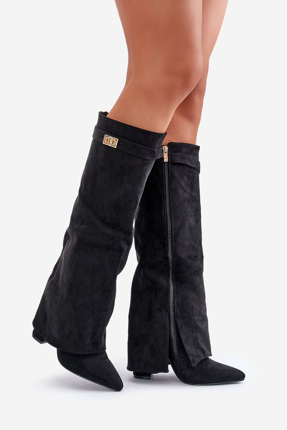Bottes hautes femme bout pointu, petit talon carré