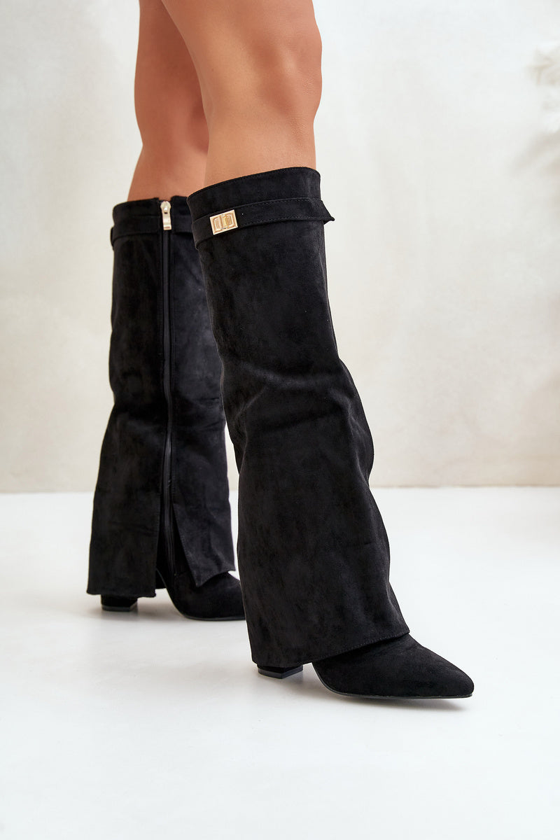 Bottes hautes femme bout pointu, petit talon carré