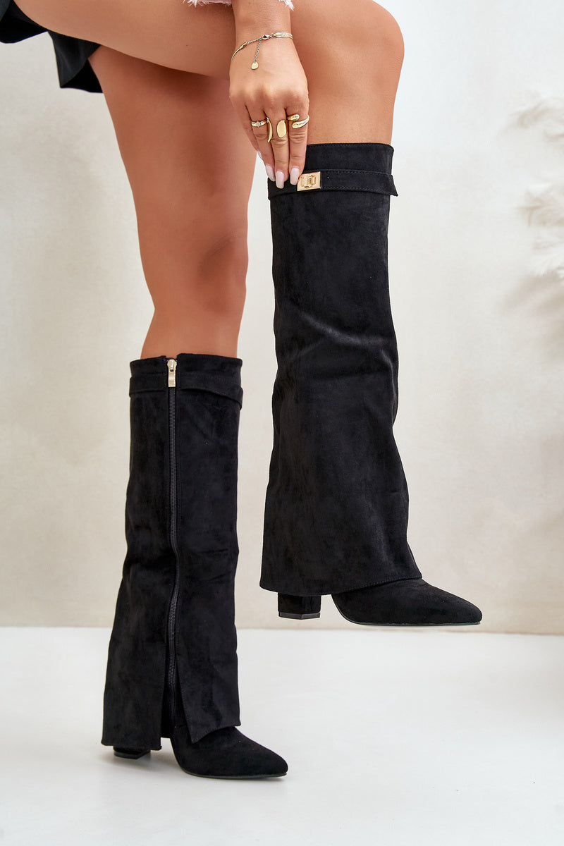Bottes hautes femme bout pointu, petit talon carré