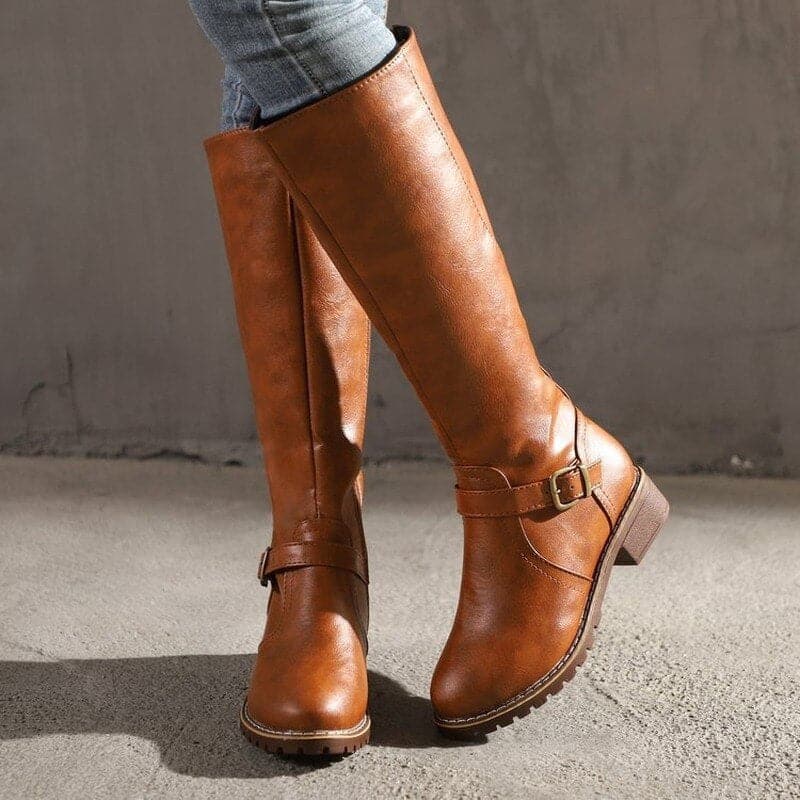 Bottes hautes femme à talon bloc et bout rond, du 35 au 43, marron