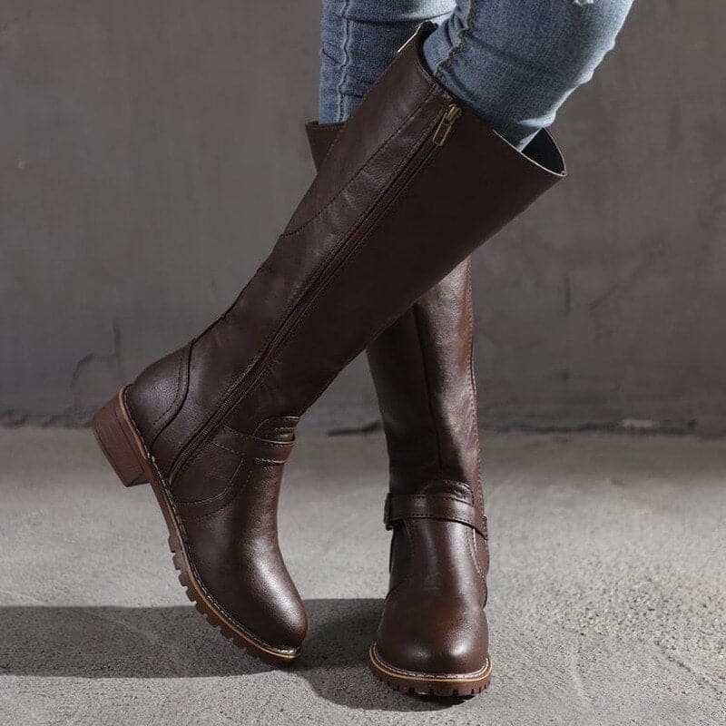 Bottes hautes femme à talon bloc et bout rond, du 35 au 43, marron foncé