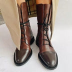 Bottes hautes femme à lacets et zip latéral, talon moyen, marron