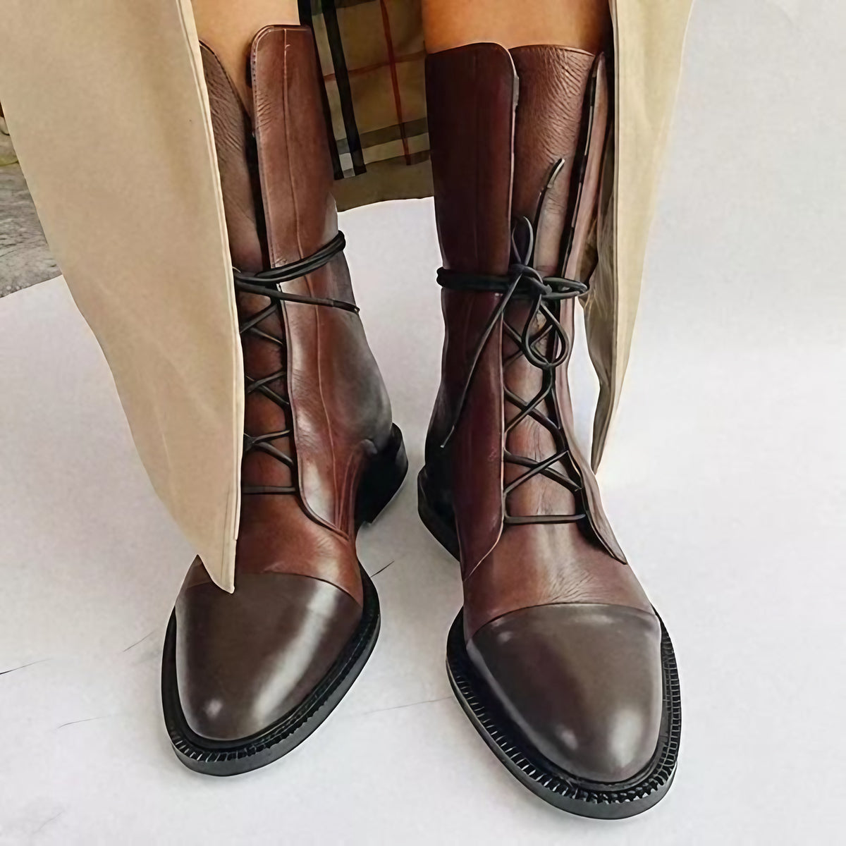 Bottes hautes femme à lacets et zip latéral, talon moyen, marron