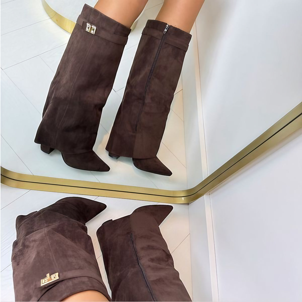 Bottes hautes femme à talon bloc de 8 cm, fermeture éclair, marron suédé