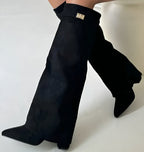 Bottes hautes femme à talon bloc de 8 cm, fermeture éclair, noir suédé