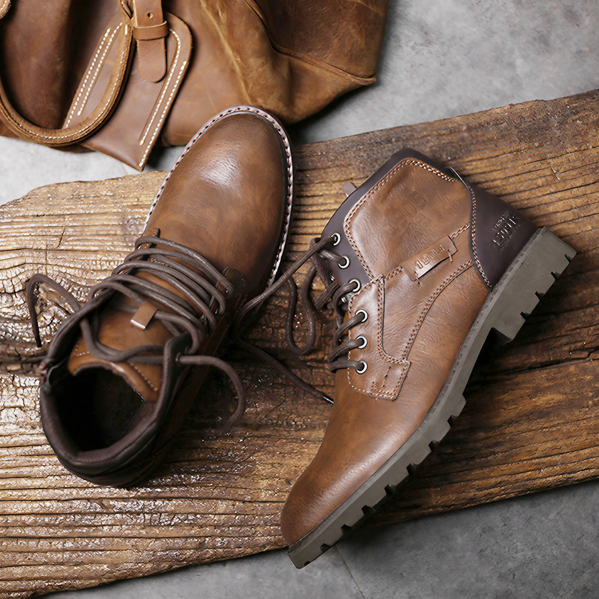 Bottes homme à lacets, semelle caoutchouc antidérapante, marron vintage