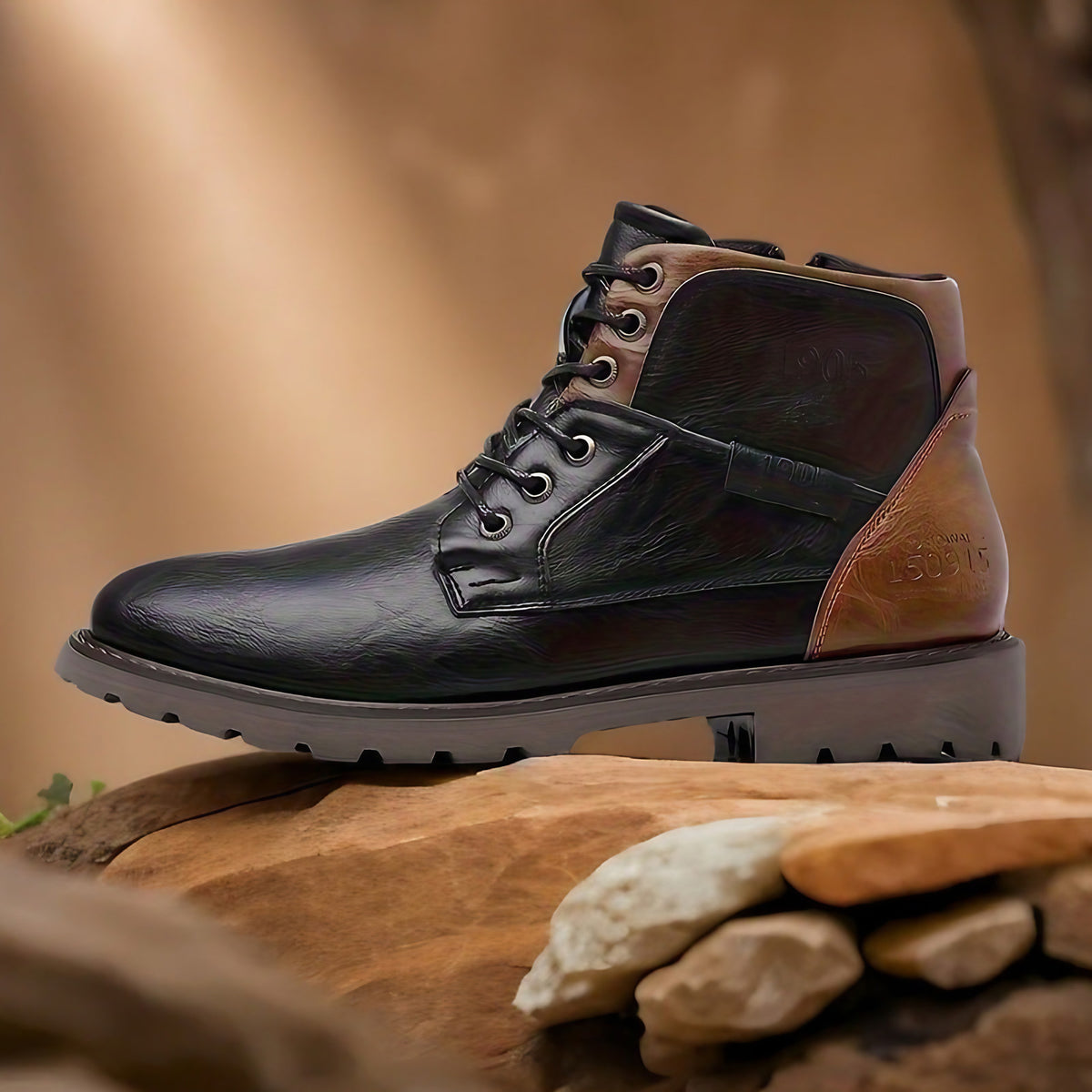 Bottes homme à lacets, semelle caoutchouc antidérapante, noir vintage