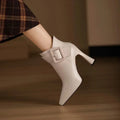 Bottes femme à boucles, talon de 8 cm, zip latéral, beige