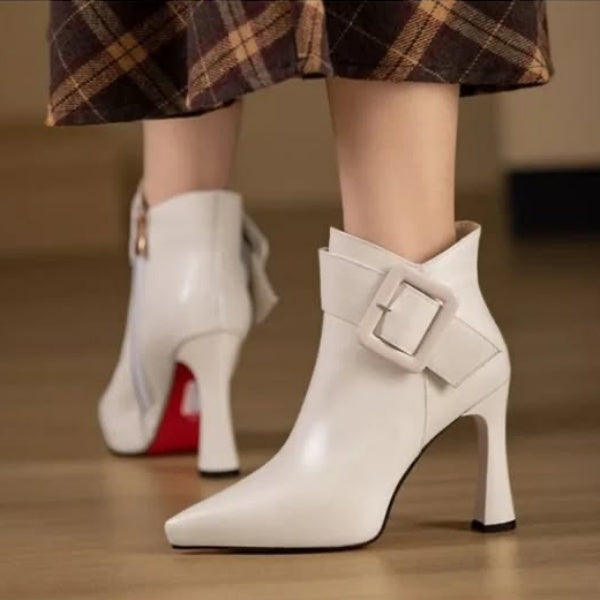 Bottes femme à boucles, talon de 8 cm, zip latéral