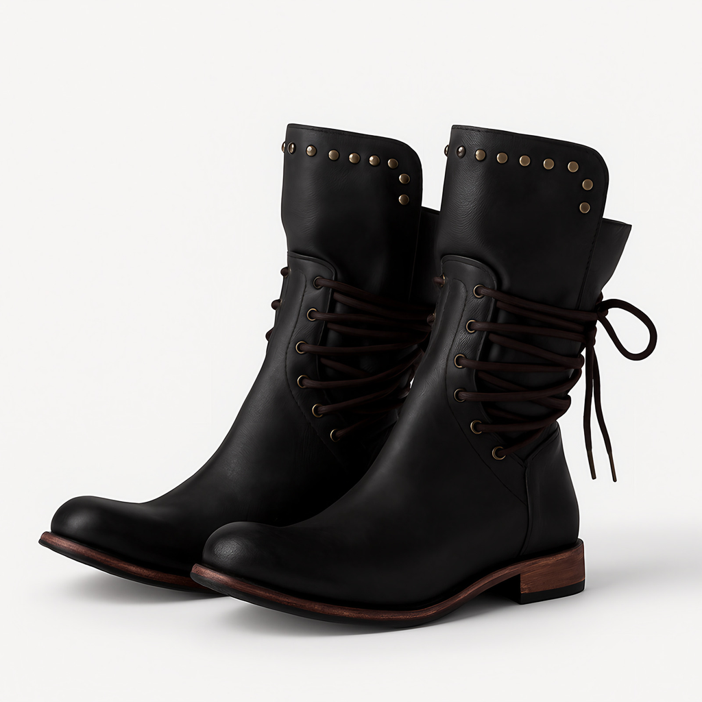 Bottes montantes femme à lacets, semelle intérieure rembourrée, noir