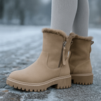 Bottes thermiques femme mi-mollet à zip, doublure peluche, beige