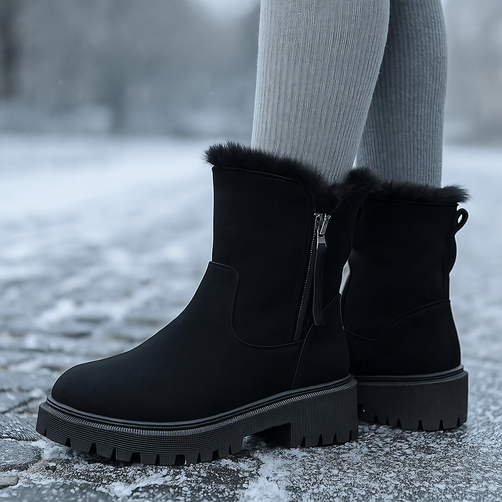 Bottes thermiques femme mi-mollet à zip, doublure peluche, noir