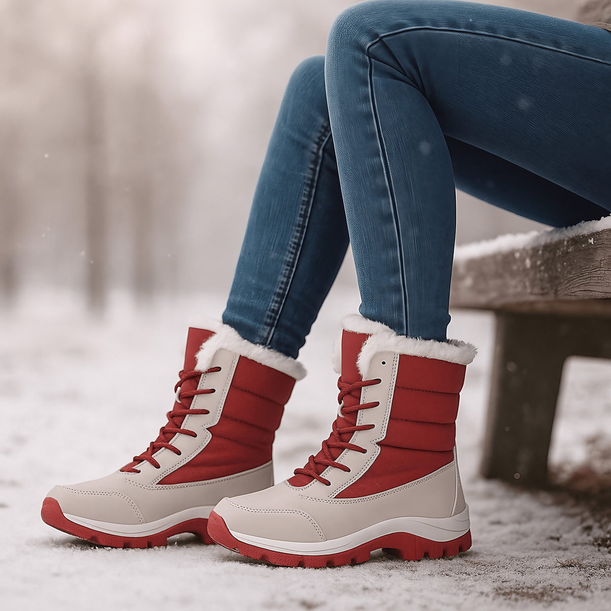 Bottes de neige femme matelassées à lacets, semelle gaufrée, rouge