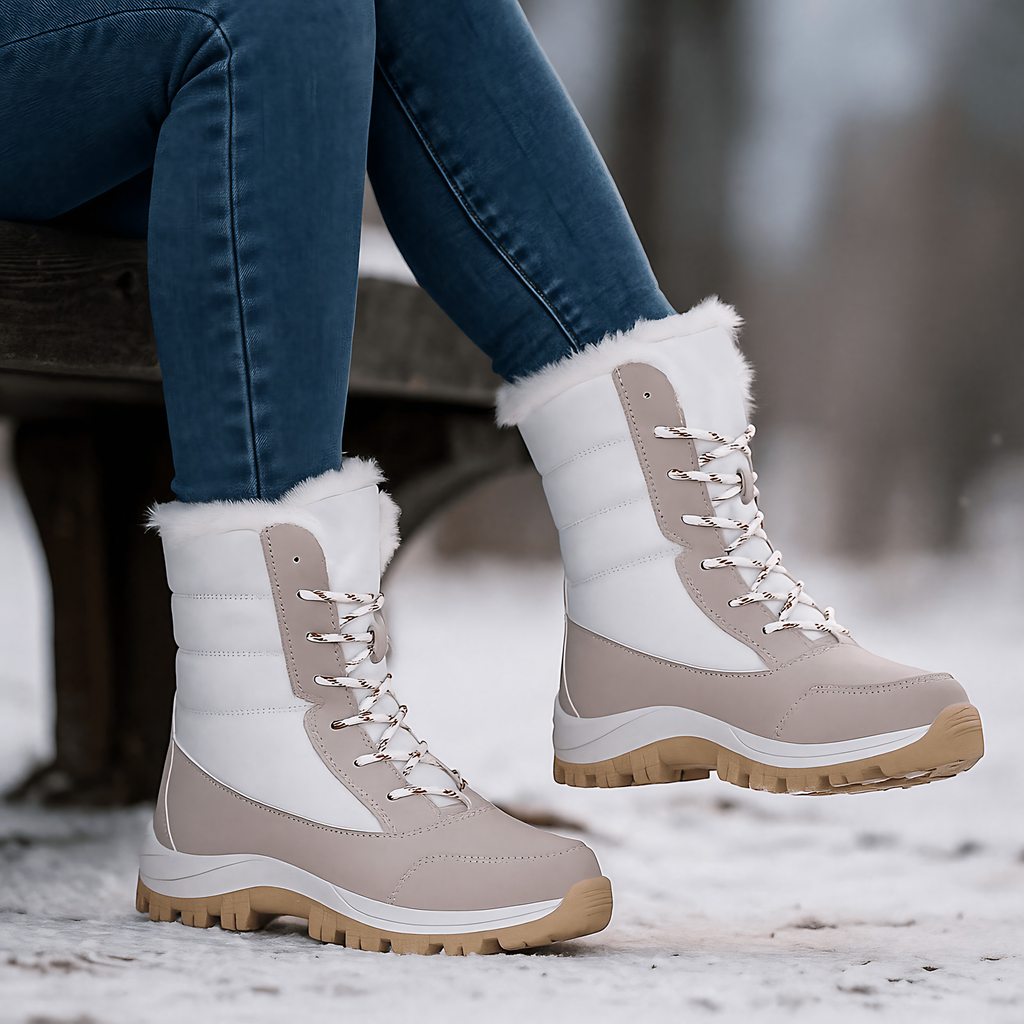 Bottes de neige femme matelassées à lacets, semelle gaufrée, beige et blanc