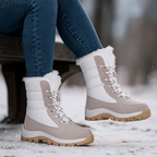 Bottes de neige femme matelassées à lacets, semelle gaufrée, beige et blanc
