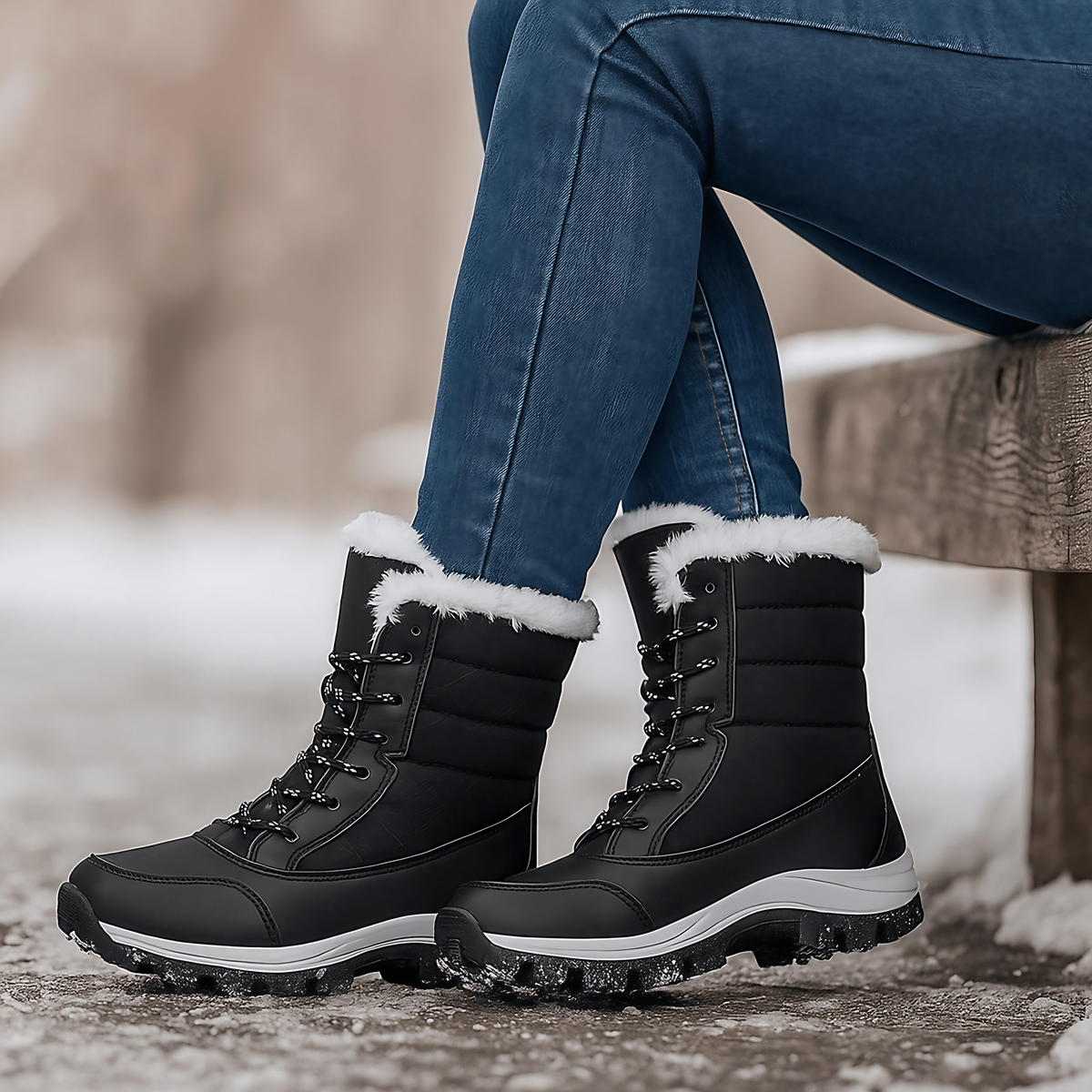 Bottes de neige femme matelassées à lacets, semelle gaufrée, noir