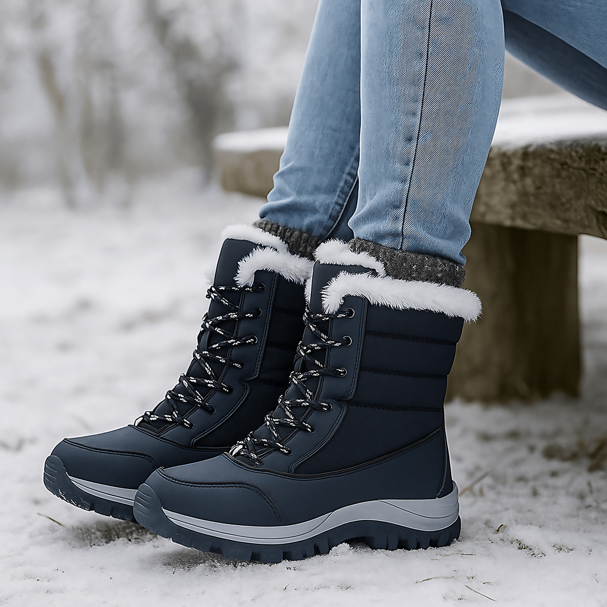 Bottes de neige femme matelassées à lacets, semelle gaufrée, bleu marine