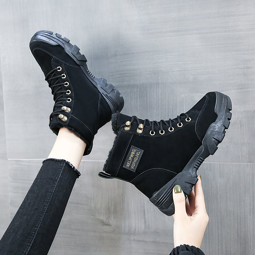 Bottines femme à lacets, semelle épaisse crantée, doublure chaude, noir
