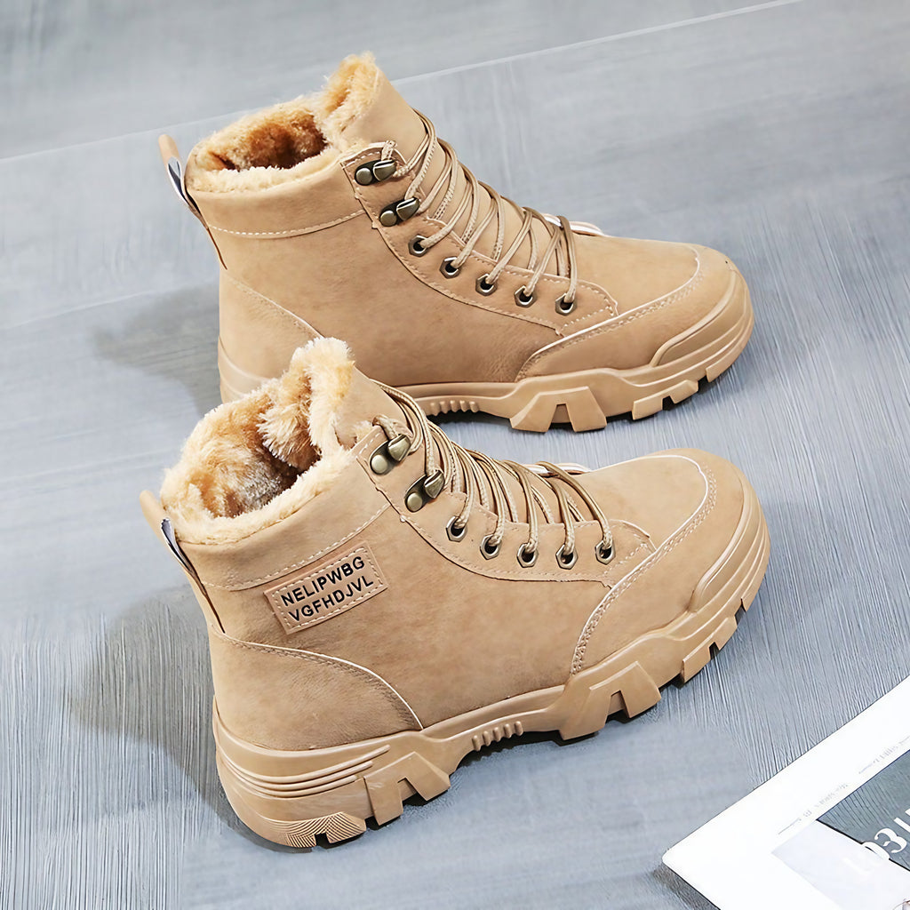 Bottines femme à lacets, semelle épaisse crantée, doublure chaude, marron