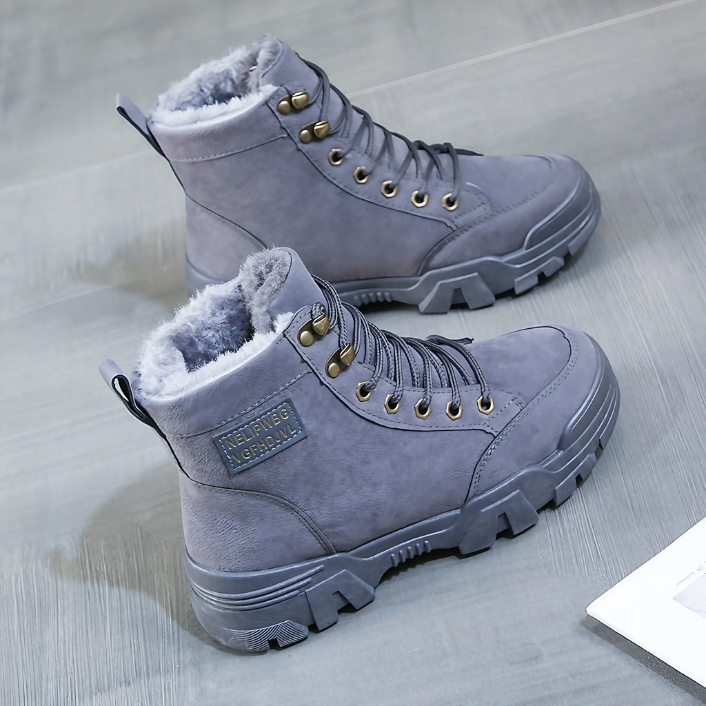 Bottines femme à lacets, semelle épaisse crantée, doublure chaude, gris
