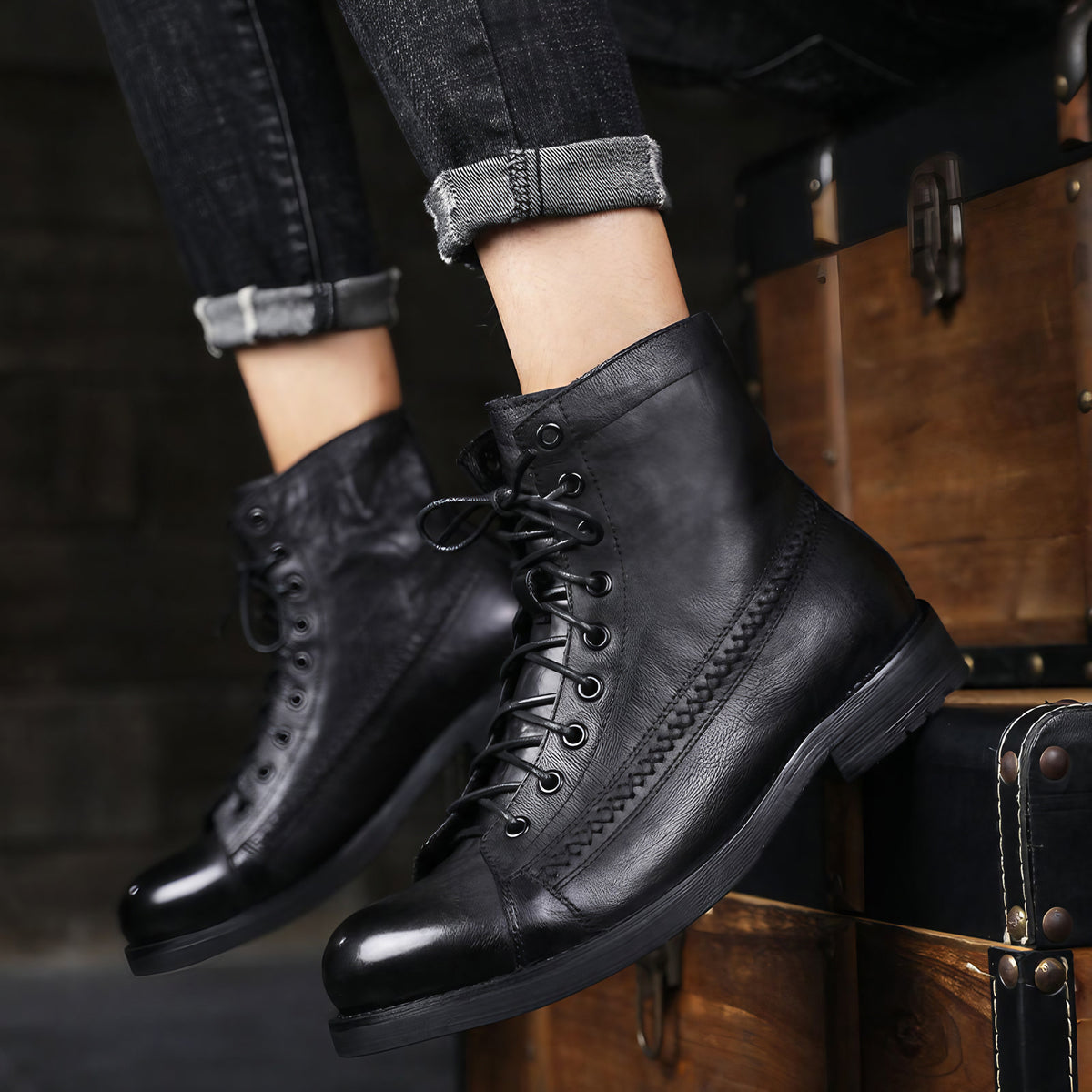 Bottes montantes homme vintage à lacets, semelle antidérapante