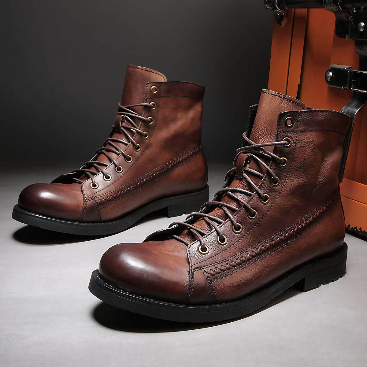 Bottes montantes homme vintage à lacets, semelle antidérapante, marron