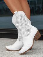 Bottes western femme perforées, talon bloc, bout légèrement pointu