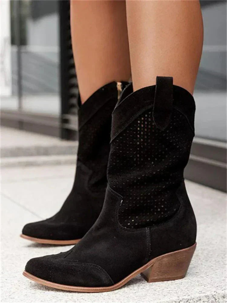 Bottes western femme perforées, talon bloc, bout légèrement pointu, noir