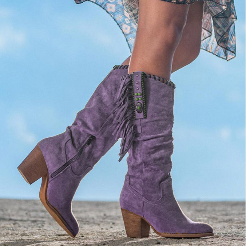 Bottes western femme mi-mollet, talon bloc, bout pointu, pourpre