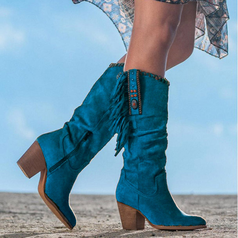 Bottes western femme mi-mollet, talon bloc, bout pointu, turquoise
