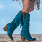 Bottes western femme mi-mollet, talon bloc, bout pointu, turquoise