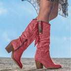 Bottes western femme mi-mollet, talon bloc, bout pointu, rouge