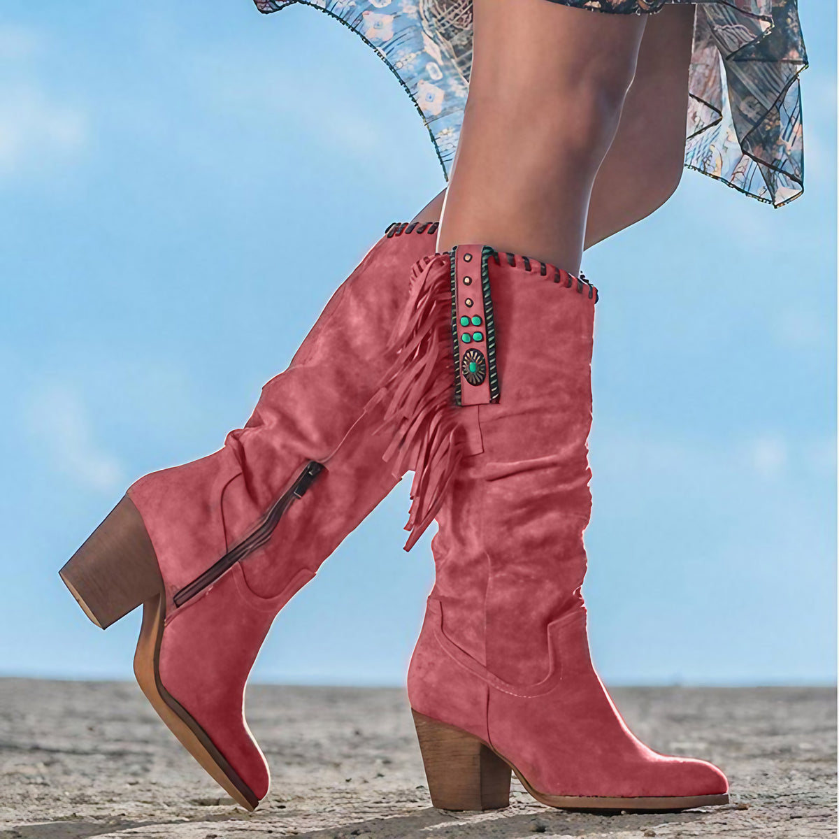 Bottes western femme mi-mollet, talon bloc, bout pointu, rouge