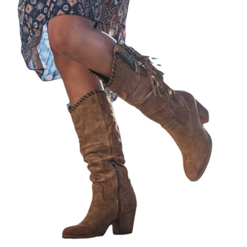 Bottes western femme mi-mollet, talon bloc, bout pointu