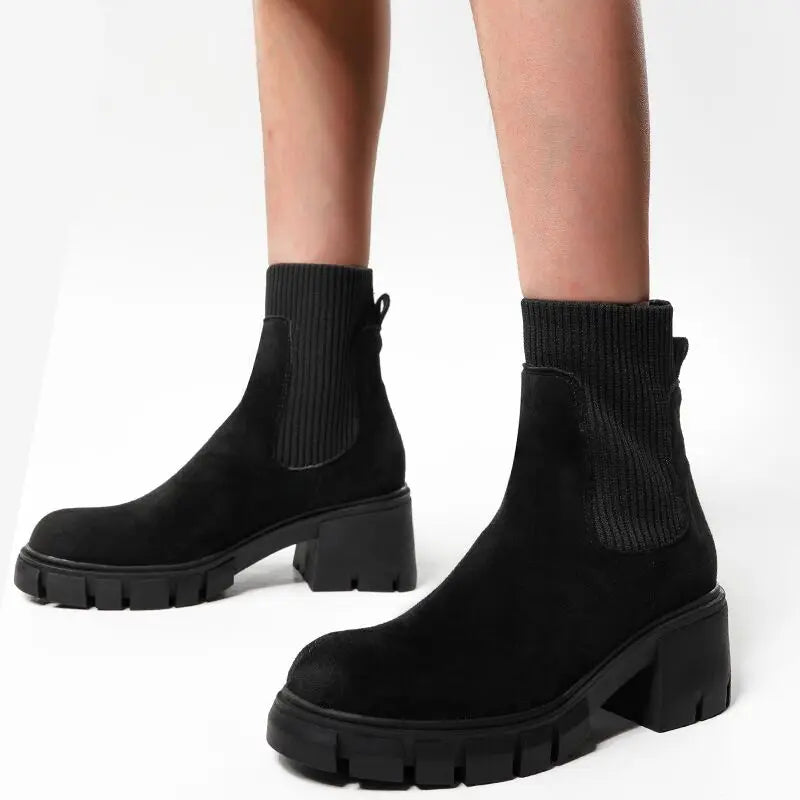 Bottines Chelsea femme en daim synthétique, talon carré