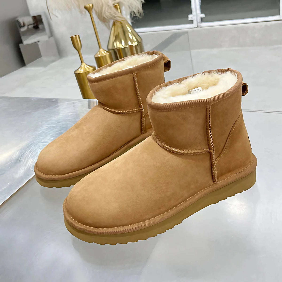 Bottines d'hiver femme en simili daim, doublure fausse fourrure, marron