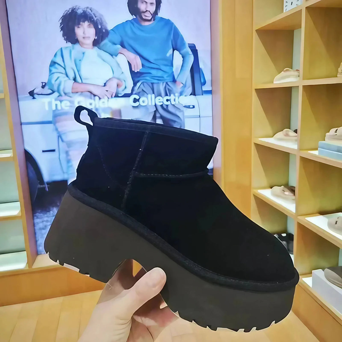 Bottines d'hiver femme à plateforme en daim, doublure mouton, noir