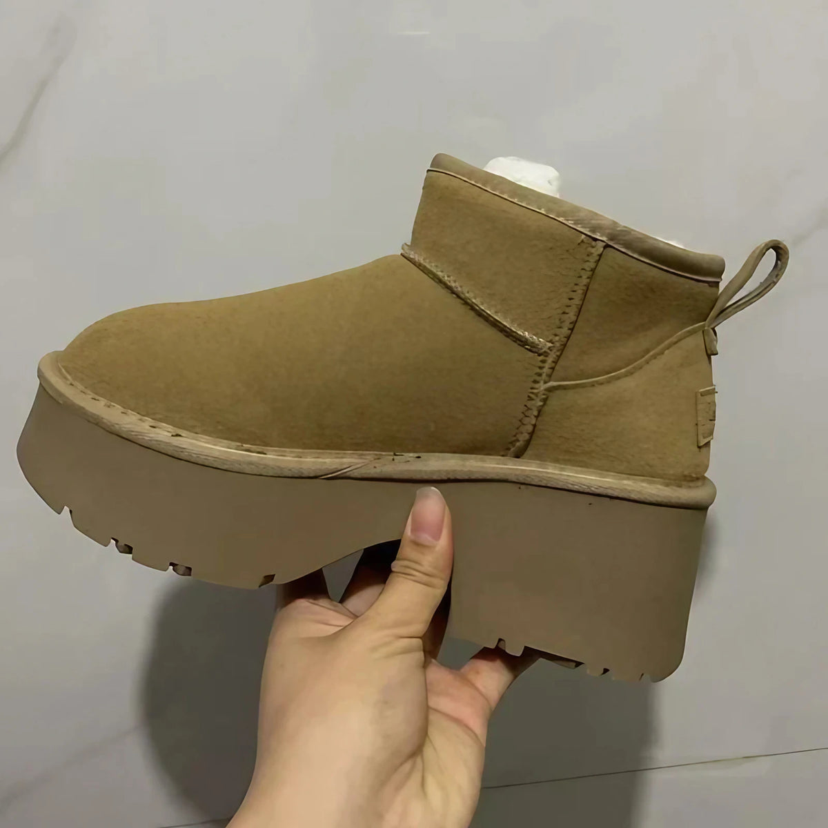 Bottines d'hiver femme à plateforme en daim, doublure mouton, abricot